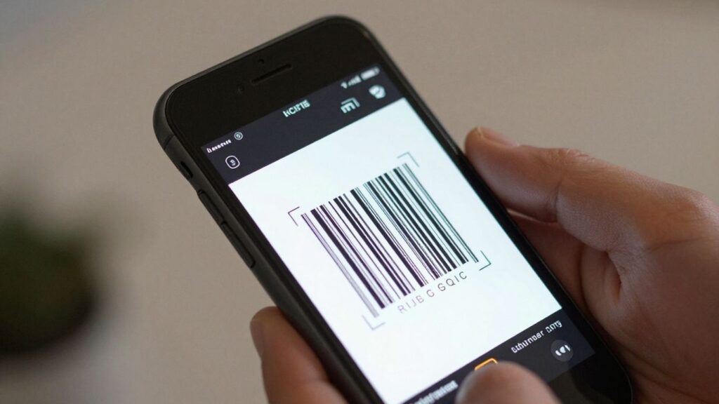 iPhone scanning a barcode on its screen.