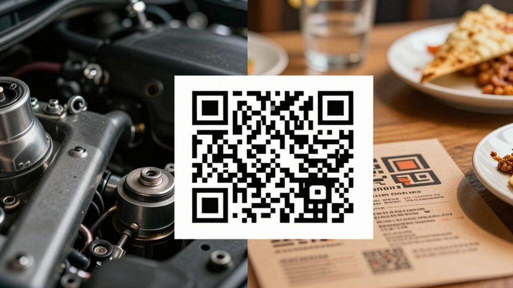 QR code on car part and restaurant menu.
