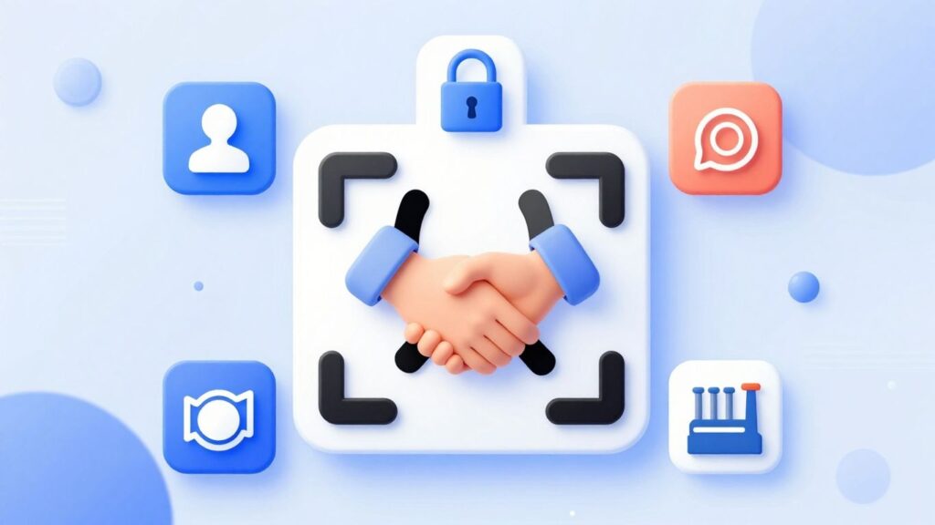 QR code interacting with industry symbols for authentication.
