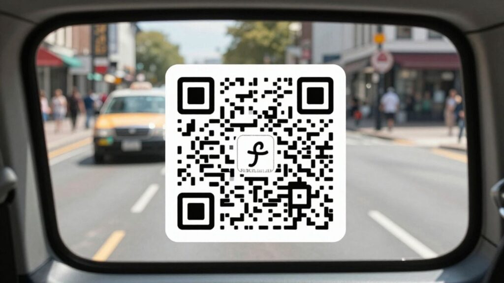 Taxi with QR code sticker on the back window.