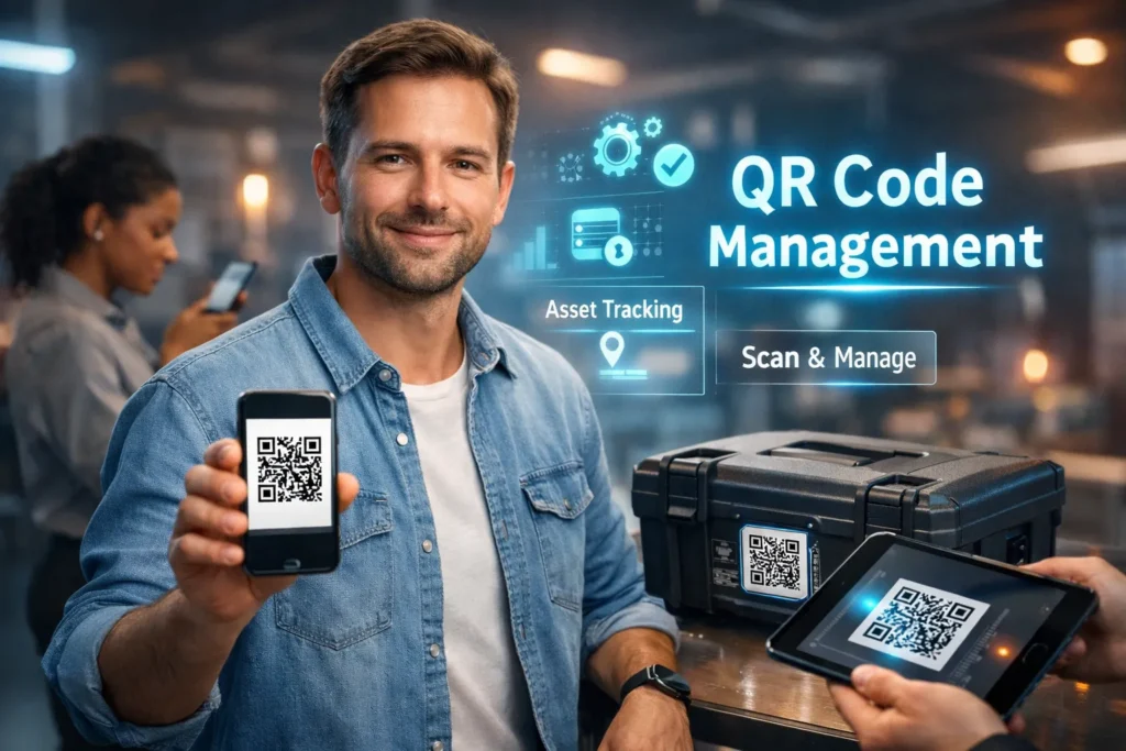 Man demonstrating QR code management technology after they have been printed.