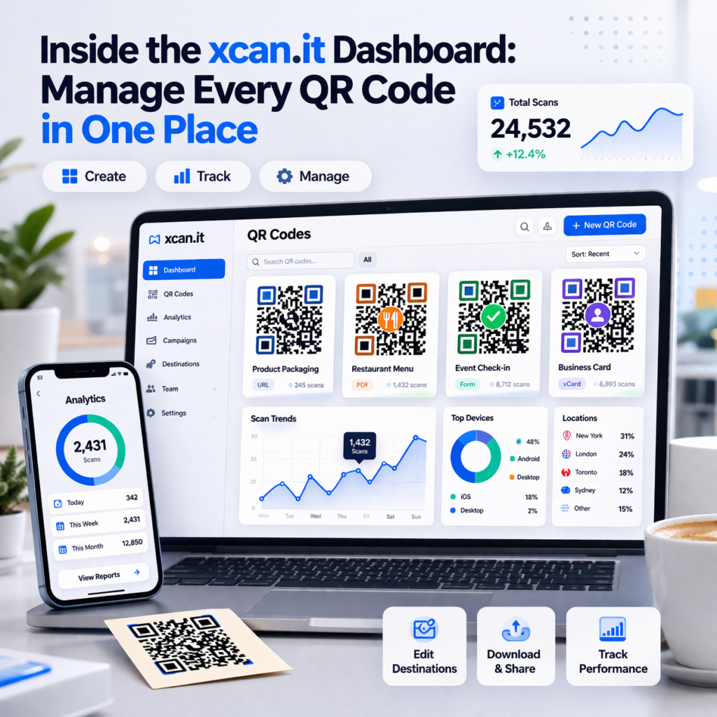 xcan.it Custom Codes panel showing a list of named dynamic QR codes with editable destination URLs, scan counters, and export options for PNG and PDF