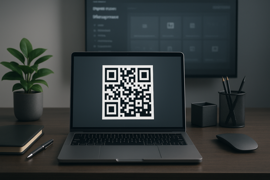 modern office desk with laptop displaying qr code asset management