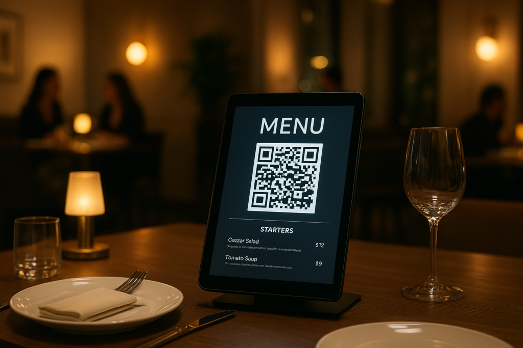 stylish restaurant table featuring a qr code for restaurant menus on a tablet