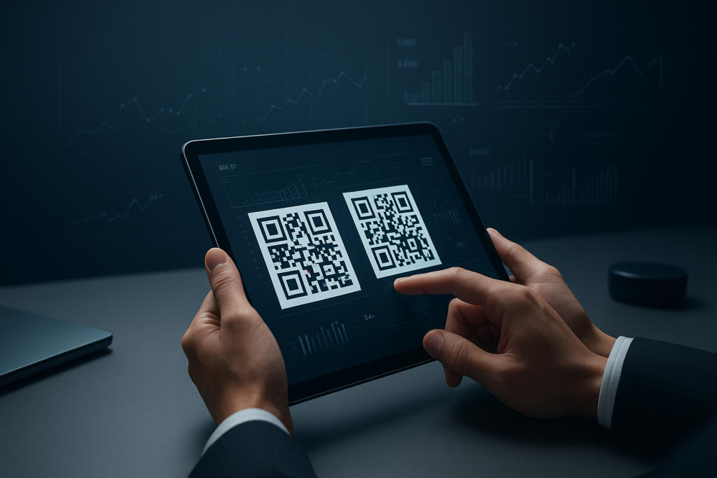 professional manipulating a tablet displaying dynamic qr codes with analytics