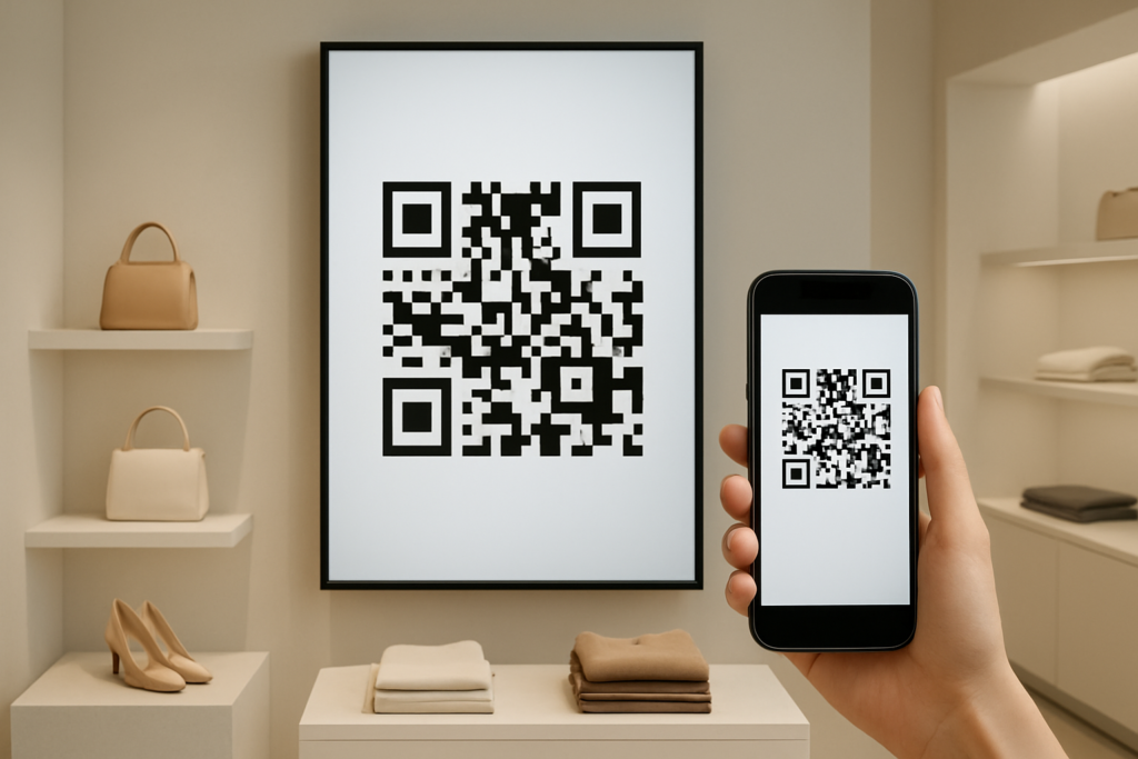 an anonymous shopper using a smartphone to scan a qr code in a modern retail store