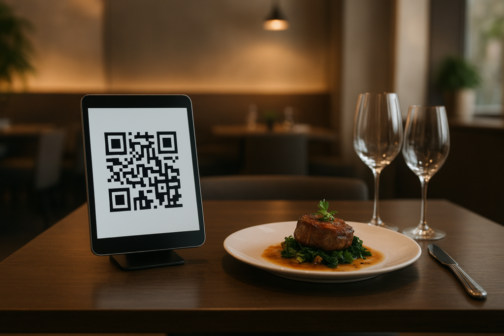 a stylish dining table set with elegant tableware and a qr code for restaurant menu on a tablet