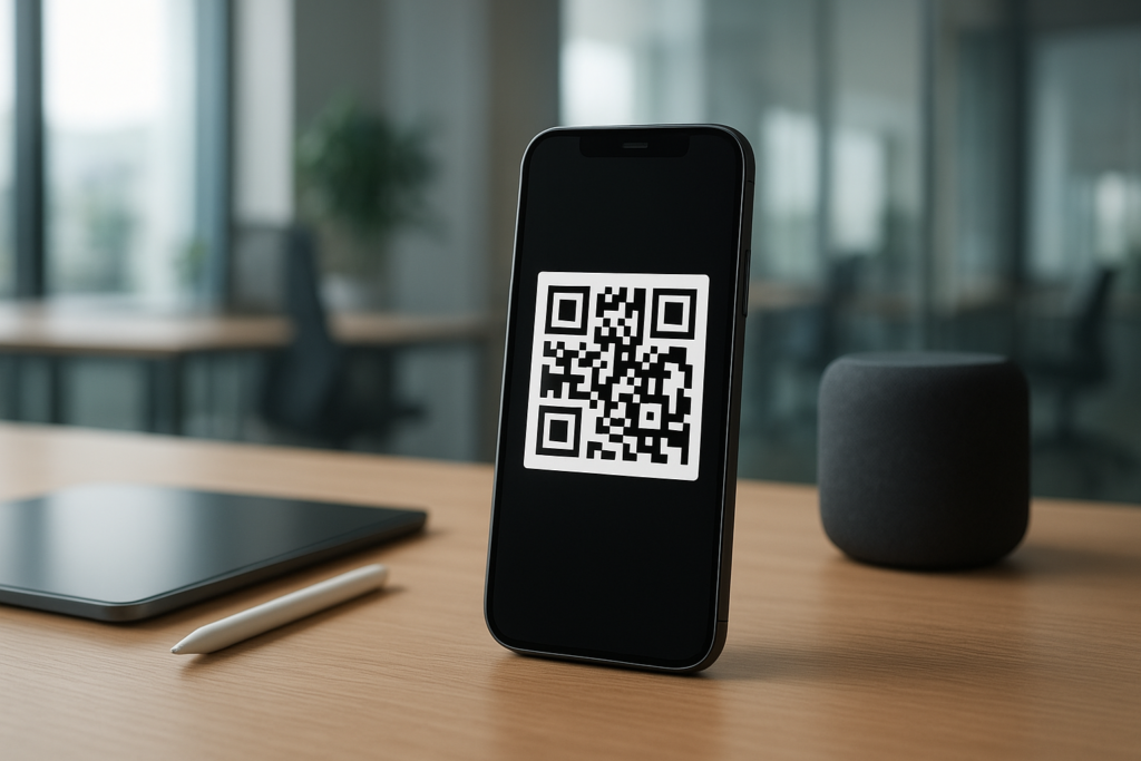 smartphone displaying a dynamic qr code in a modern office