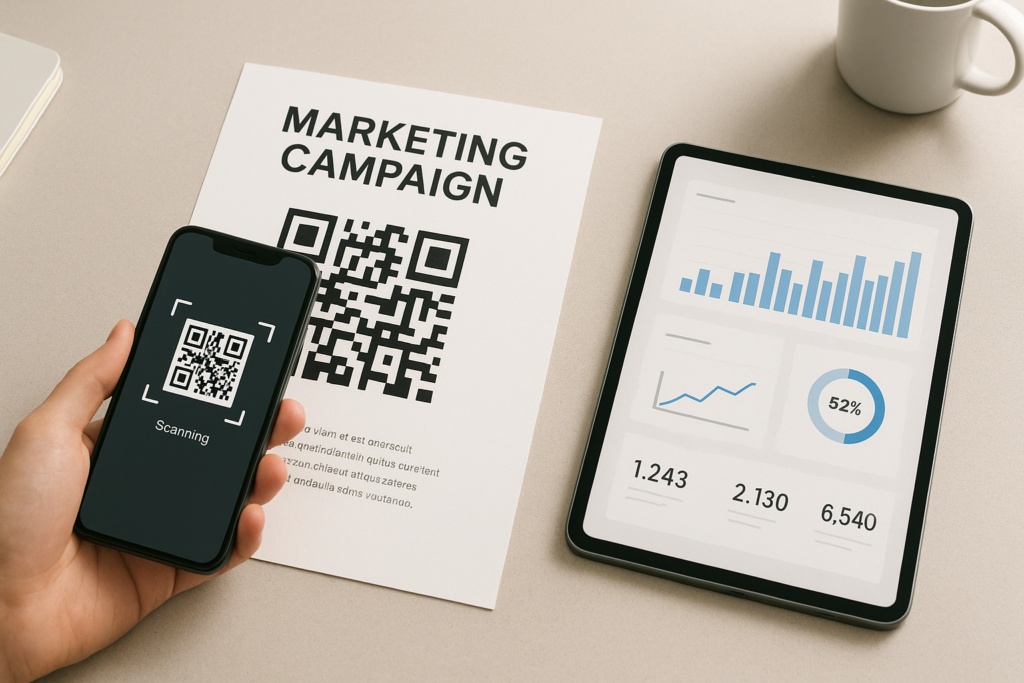 workspace featuring a printed campaign brochure and QR code