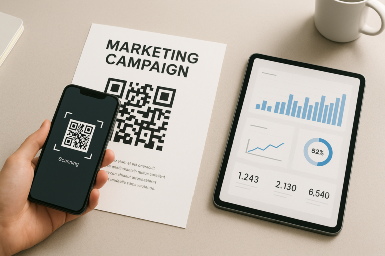 workspace featuring a printed campaign brochure and QR code
