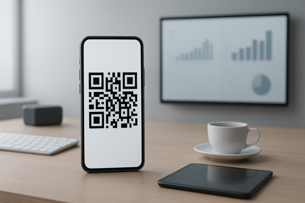 modern workspace with smartphone displaying dynamic qr code