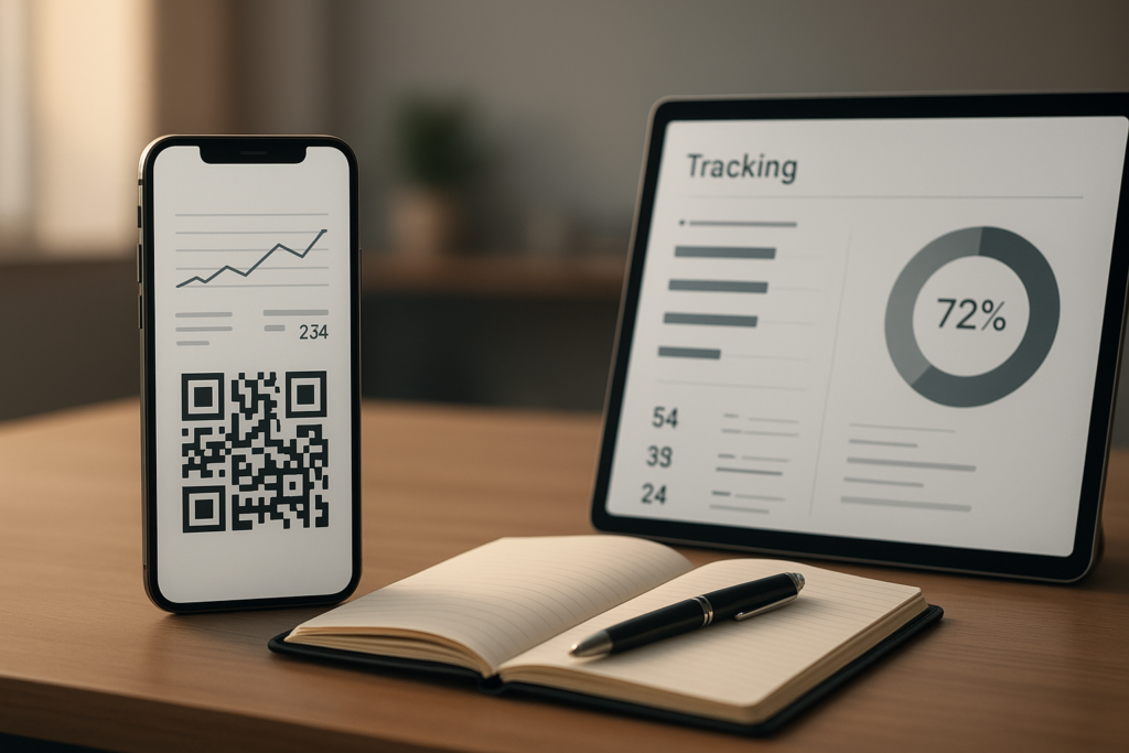 modern workspace with smartphone displaying qr tracker and analytics