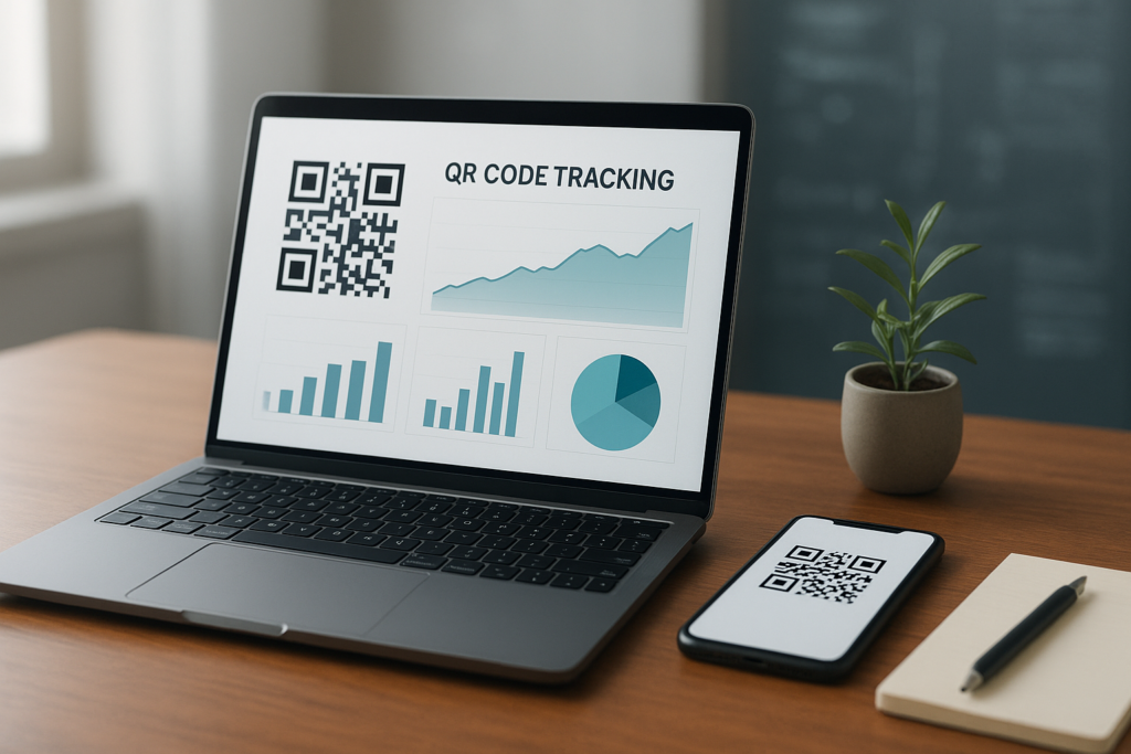 modern workspace featuring a laptop with a QR code tracking dashboard and smartphone with QR code