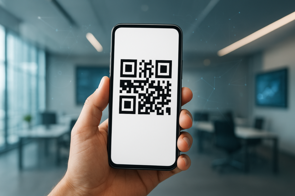 a dynamic qr code on a smartphone in a modern office