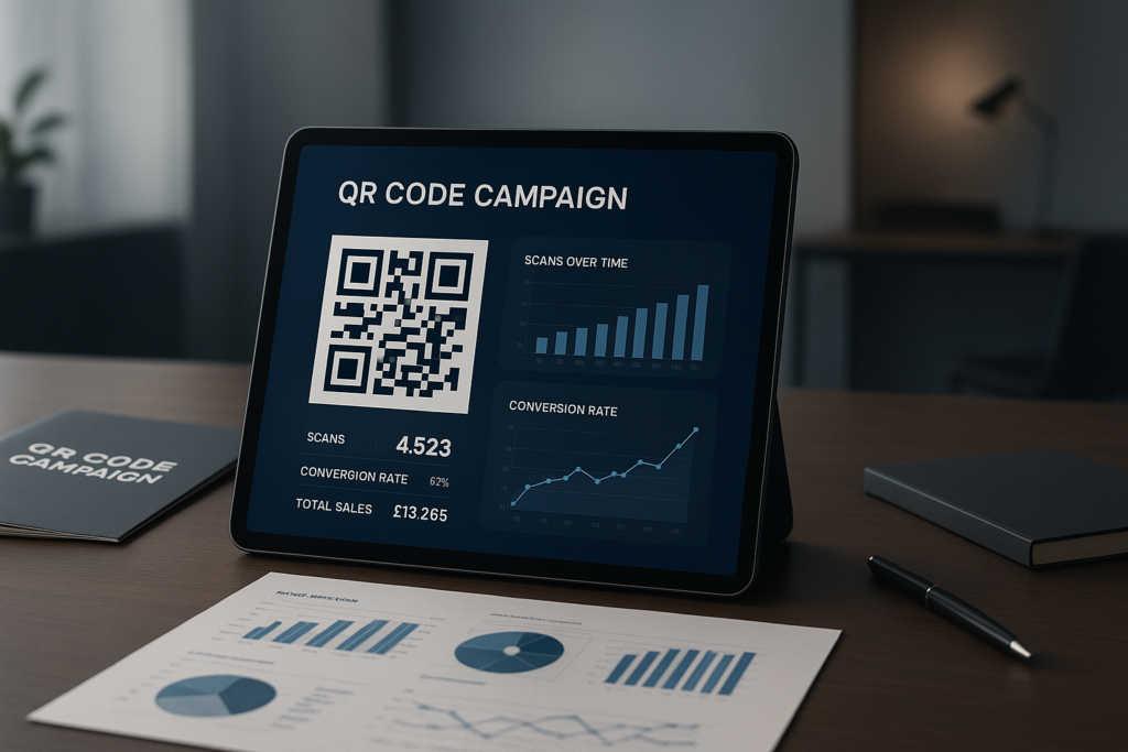 modern workspace with tablet displaying qr code cost uk dashboard