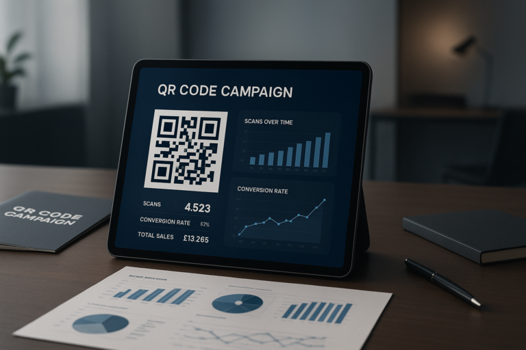 modern workspace with tablet displaying qr code cost uk dashboard