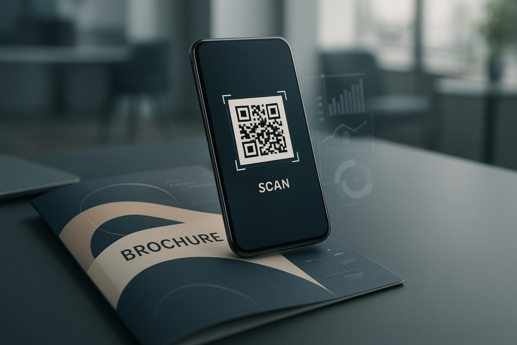 smartphone scanning qr code on printed brochure in modern workspace
