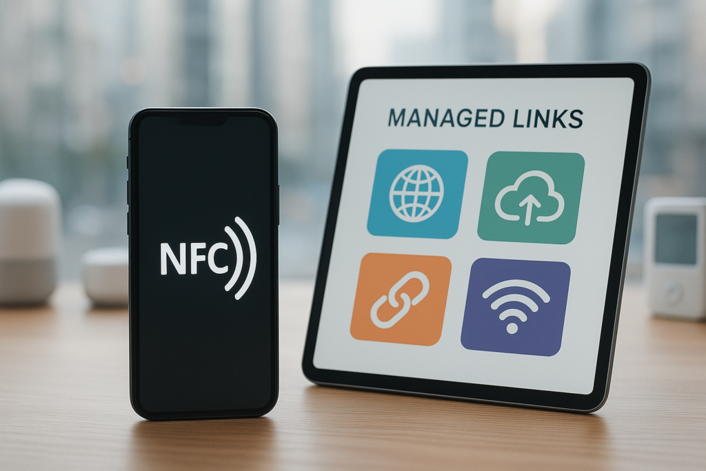 smartphone with NFC symbol beside tablet showcasing managed links