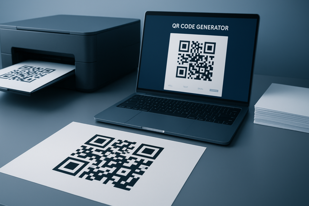 A modern workspace featuring a QR code printer and laptop