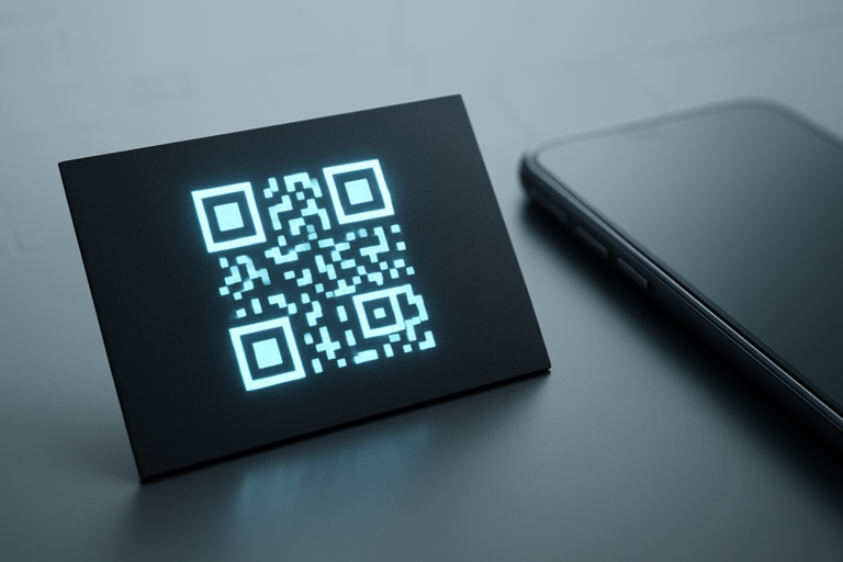 Close-up of a QR code printed on a premium business card reflecting its digital nature and ownership