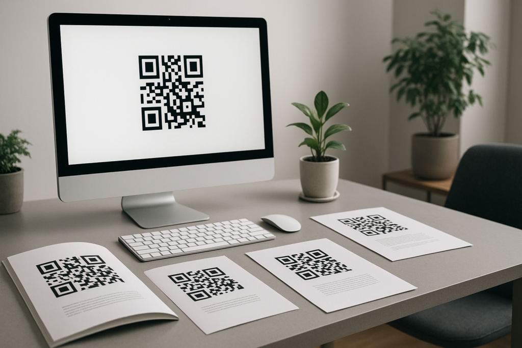 minimalist office showcasing dynamic QR codes on print materials