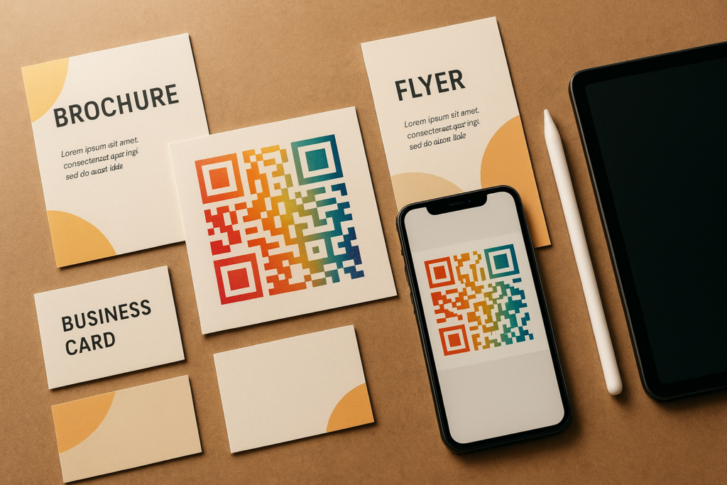 A colorful dynamic QR code among stylish print marketing materials on a textured background