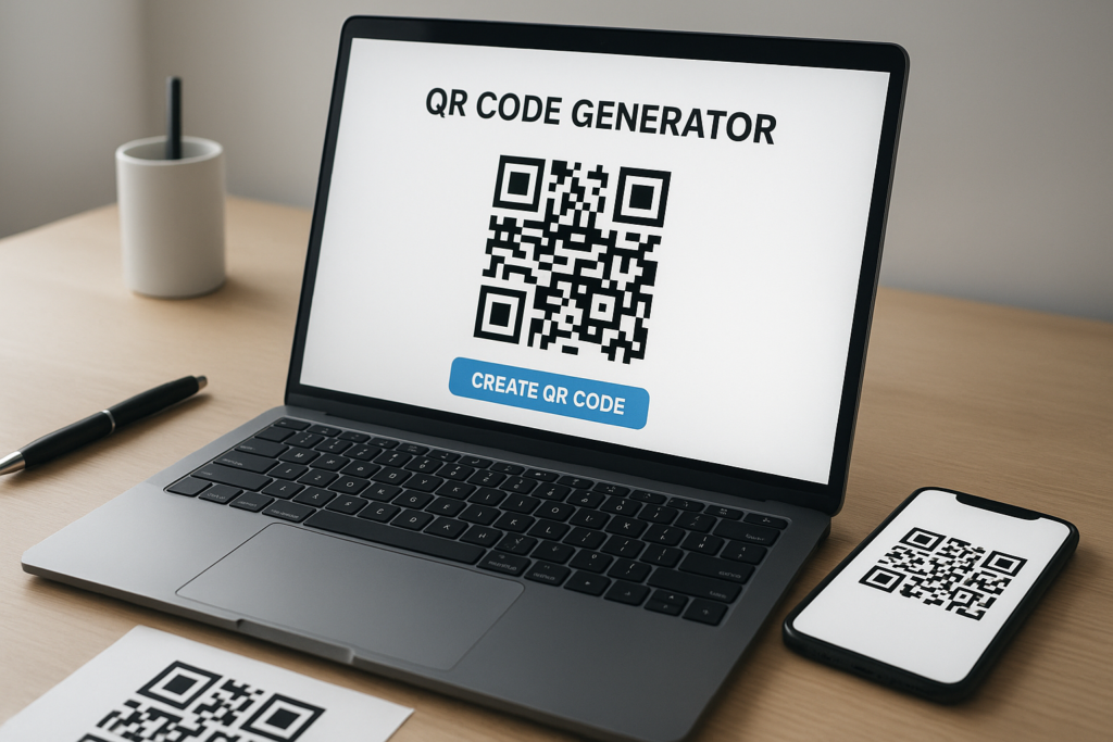 Hands using a free QR code generator app on a laptop screen