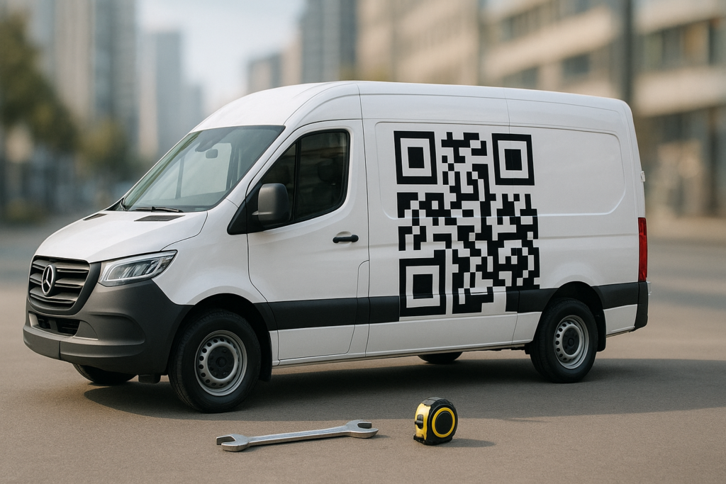 modern van with dynamic qr code for tradespeople in urban setting