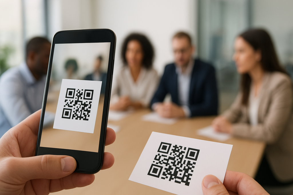 smartphone scanning a qr code on printed material in office