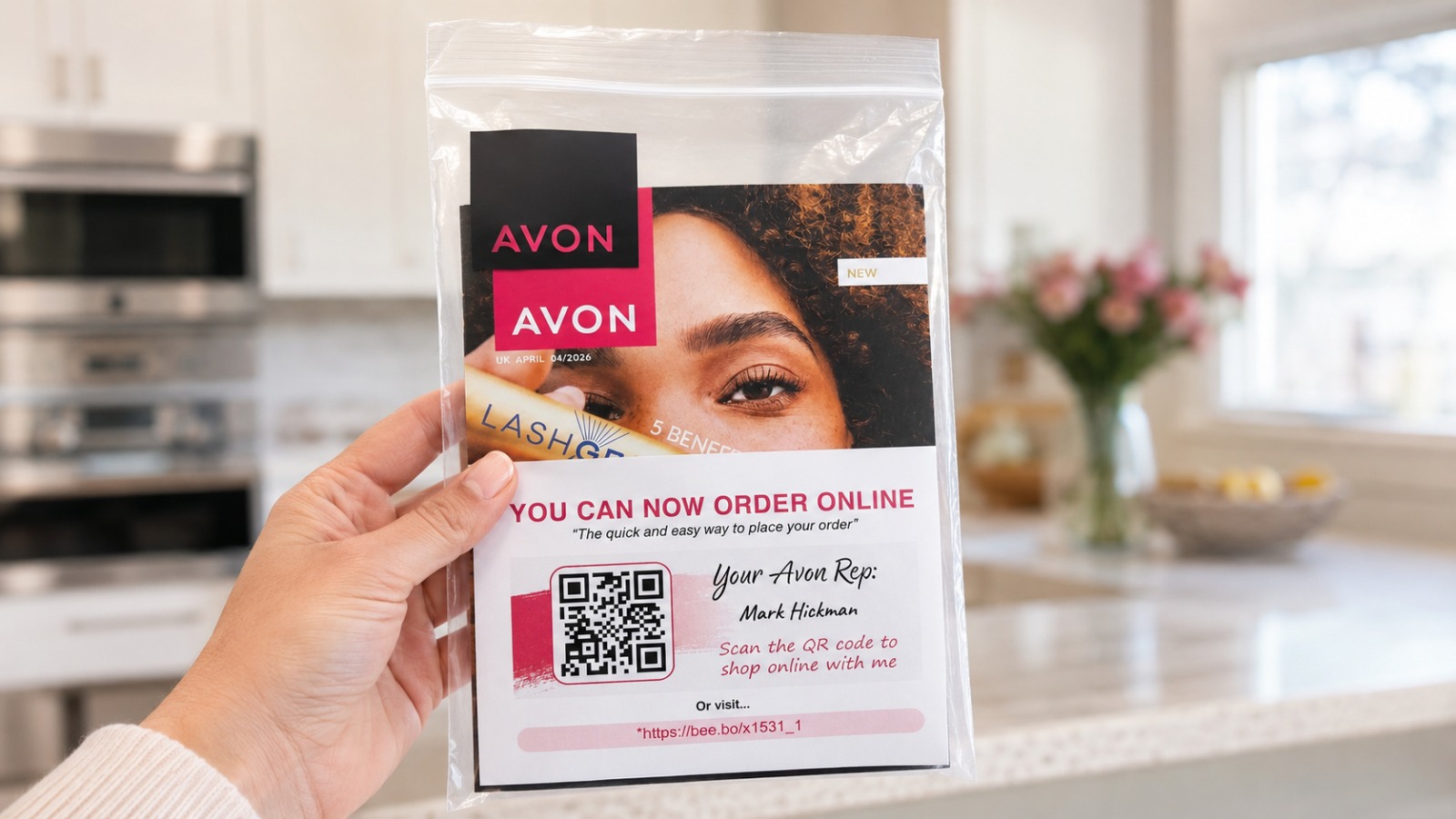Avon rep reviewing a printed brochure with a QR code linking to their personal Avon store