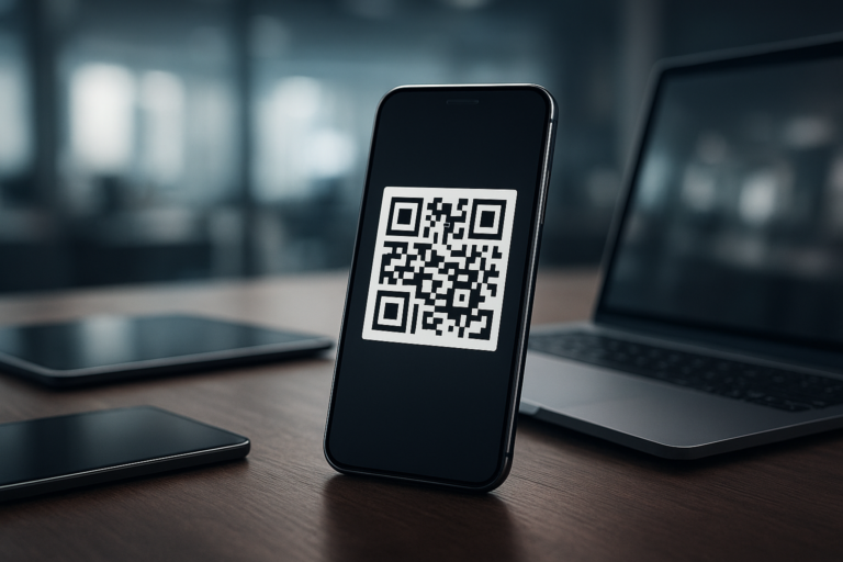 smartphone displaying a QR code in a modern workspace