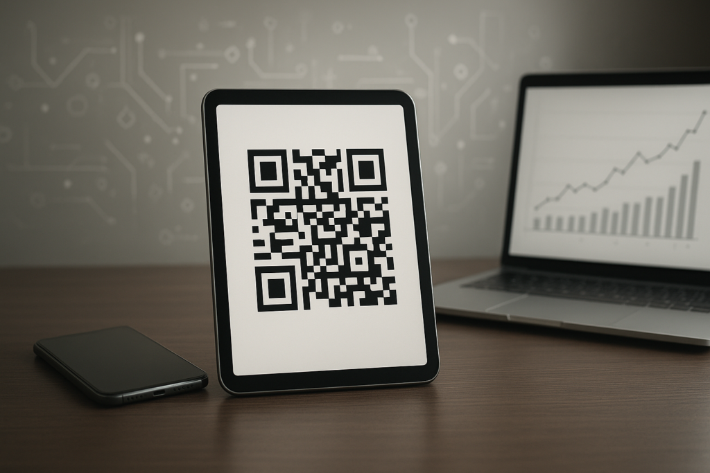 tablet showcasing a sleek qr code in a modern workspace