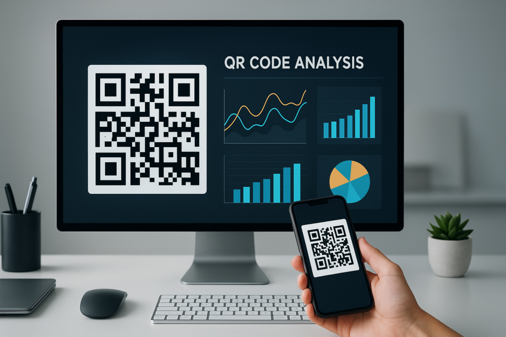modern workspace with an interactive qr code analytics dashboard