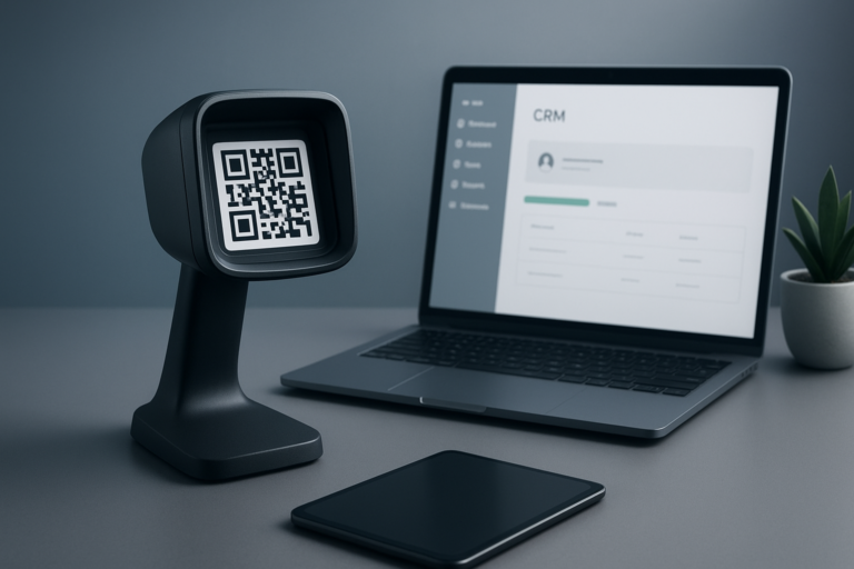 modern workspace with QR code scanner and CRM interface
