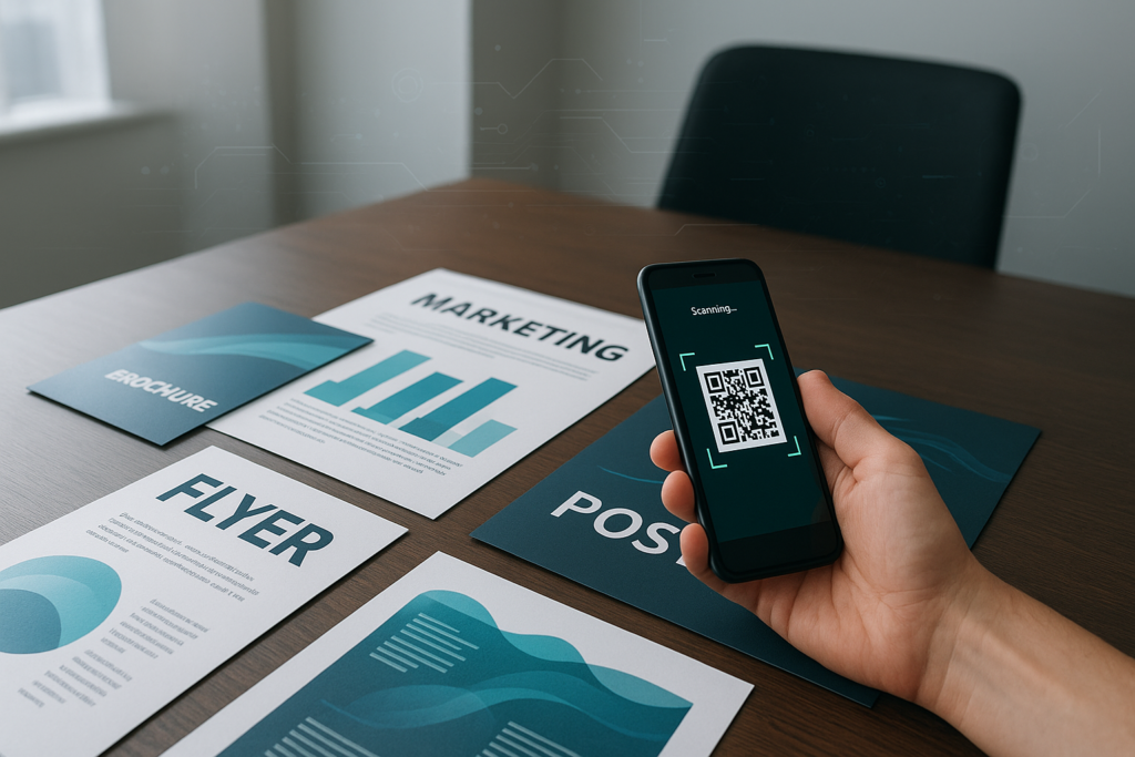 office scene featuring printed marketing materials and QR code scanning