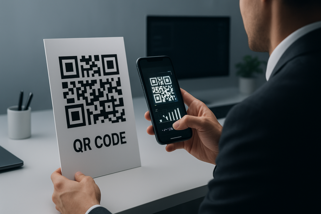 professional updating a printed QR code in a modern office