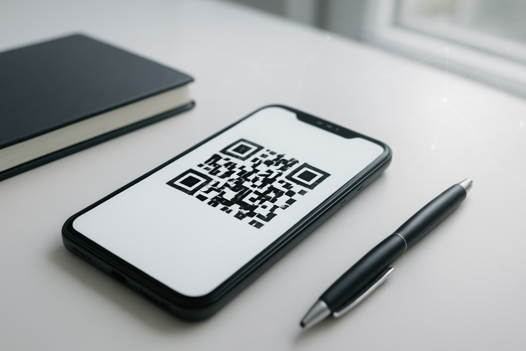 close-up of a smartphone displaying a QR code in a modern workspace