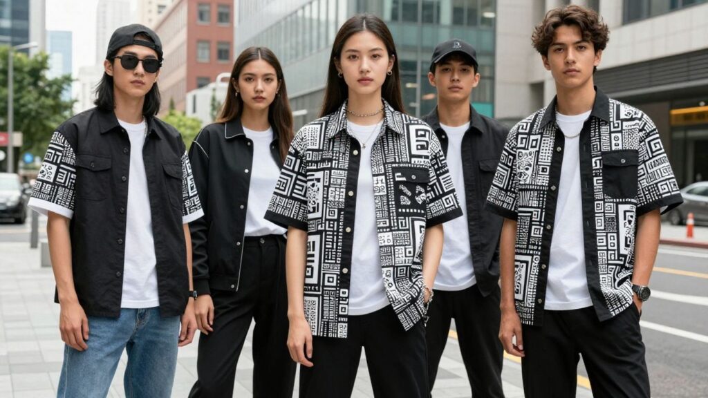 Models wearing clothing decorated with bold QR code patterns