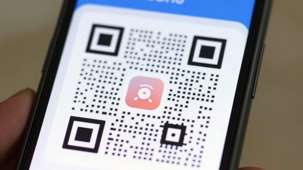 Smartphone displaying a colourful QR code.