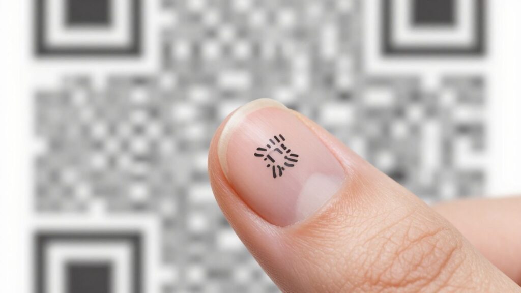 Fingernail with a QR code for dementia patient safety.