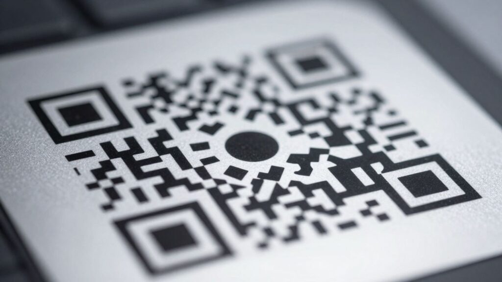 Close-up of a QR code on a metallic surface.