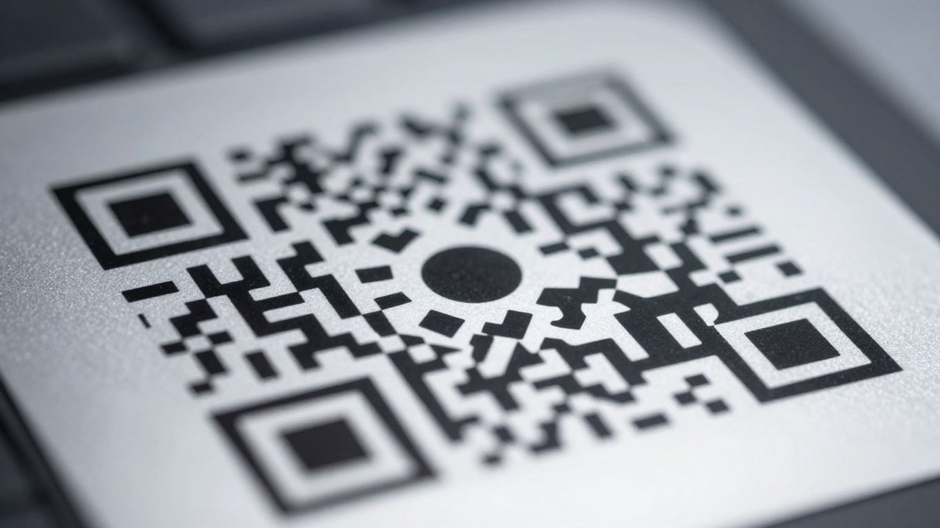 Close-up of a QR code on a metallic surface.