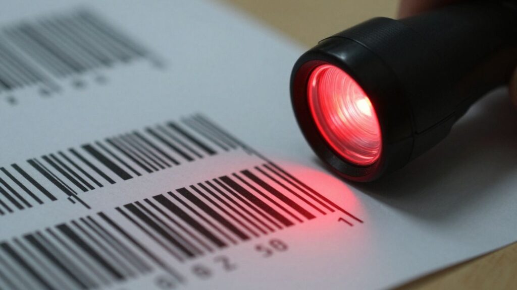 Barcode scanner beam over printed barcode lines.