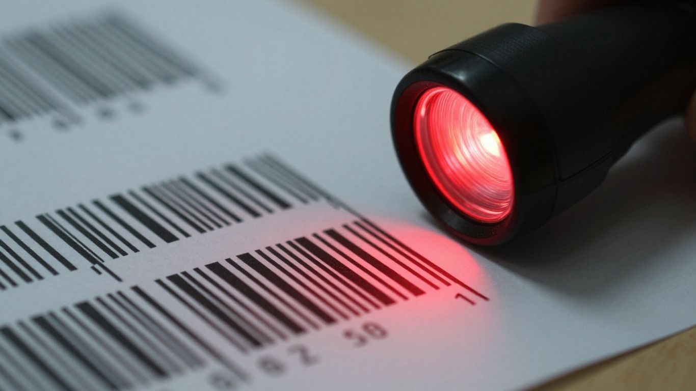 Barcode scanner beam over printed barcode lines.