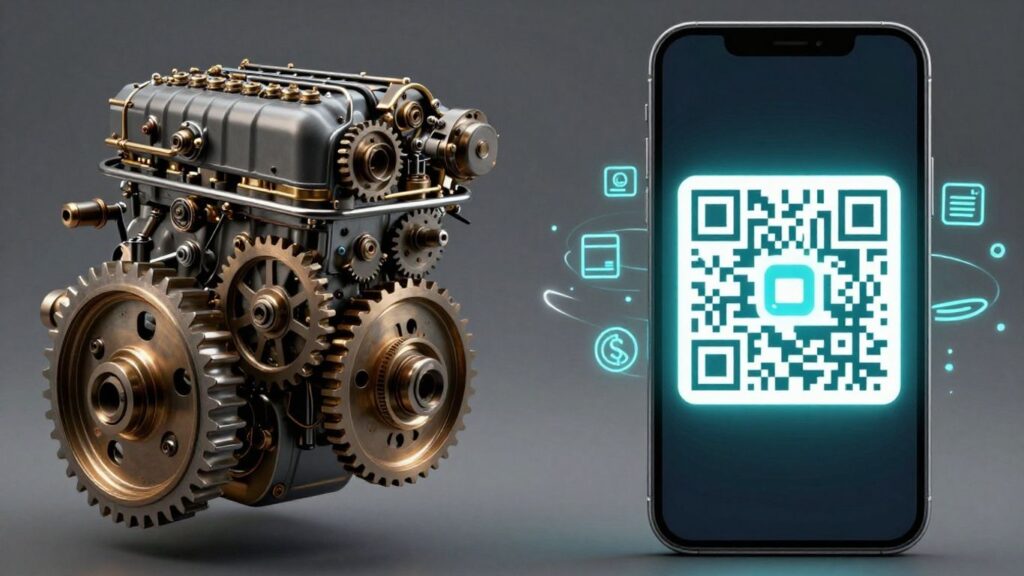 Car parts transforming into a smartphone QR code.