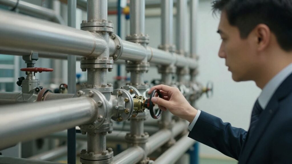 UK business professional observing industrial pipe network.