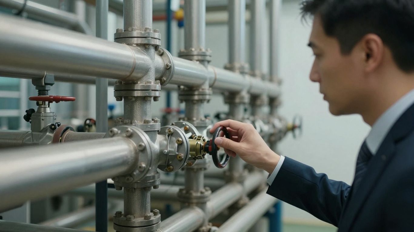 UK business professional observing industrial pipe network.