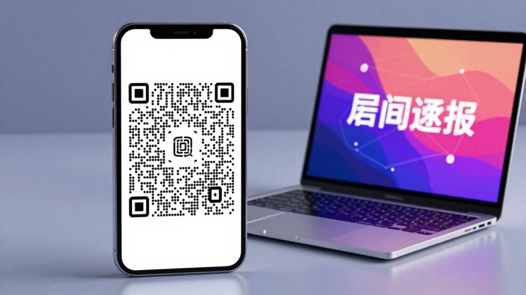 Dynamic QR code on a phone screen with a laptop.