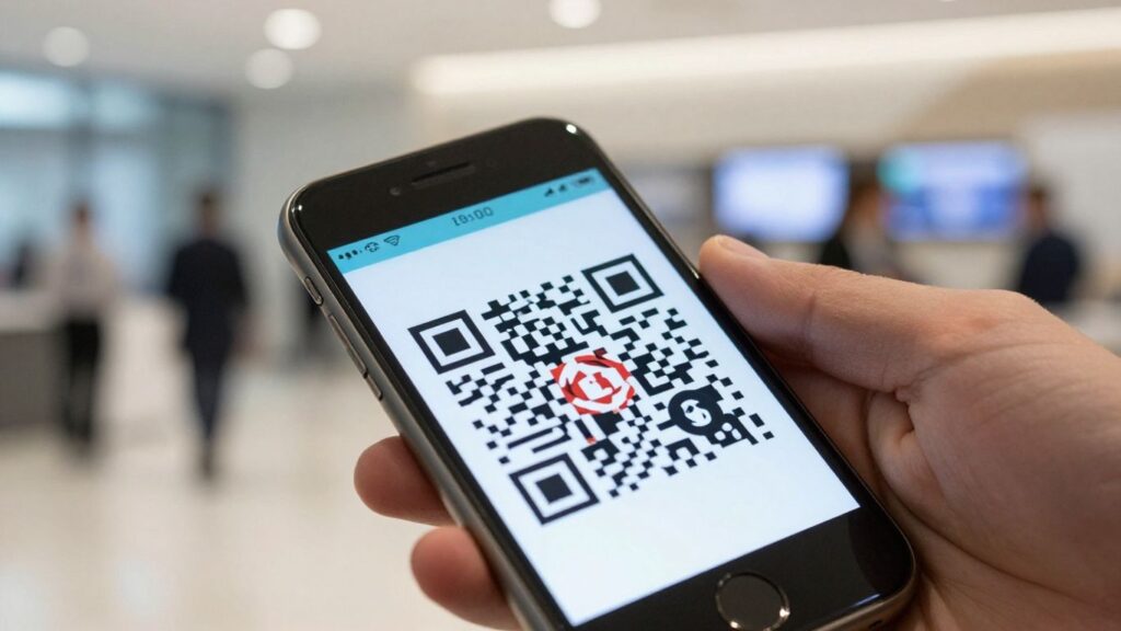 Smartphone scanning a QR code in a business setting.