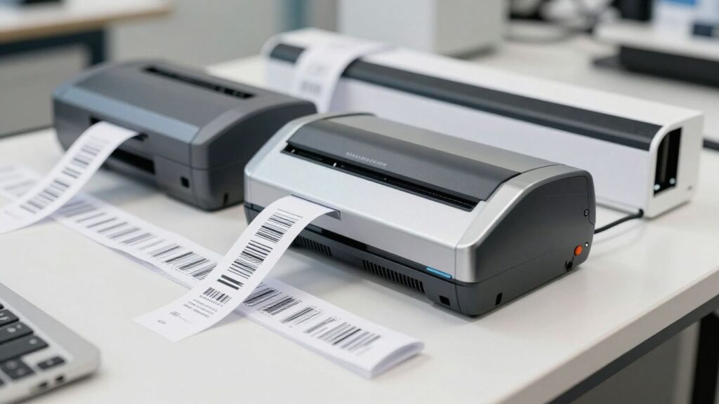 Various professional barcode printers and labels on a counter.